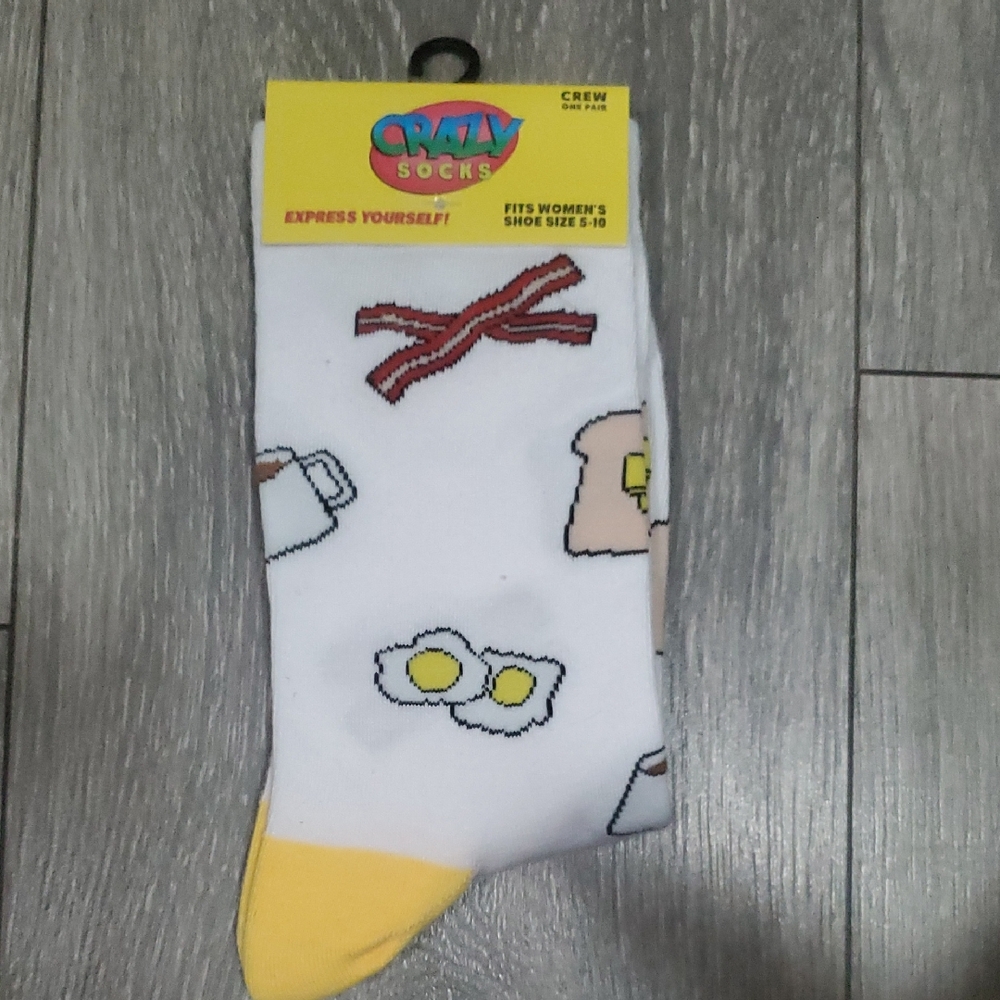 Crazy Socks White Breakfast Eggs Bacon Toast Coffee Print Casual Crew Socks